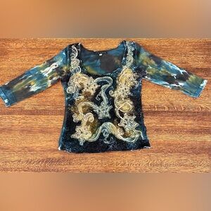 Women’s Mezon Tie Dye Beaded Multi Textile Green Hues Sequin Shirt SZ S